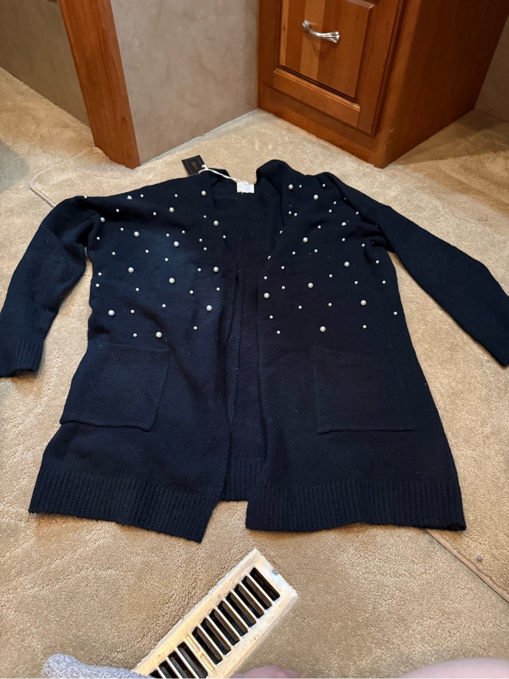 NWT Women's Black Pearl-Embellished Open Cardigan Sweater